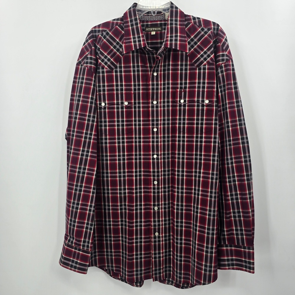 Stetson Shirt Mens 2XL Red Black Plaid Western Pearl Snap Long Sleeve